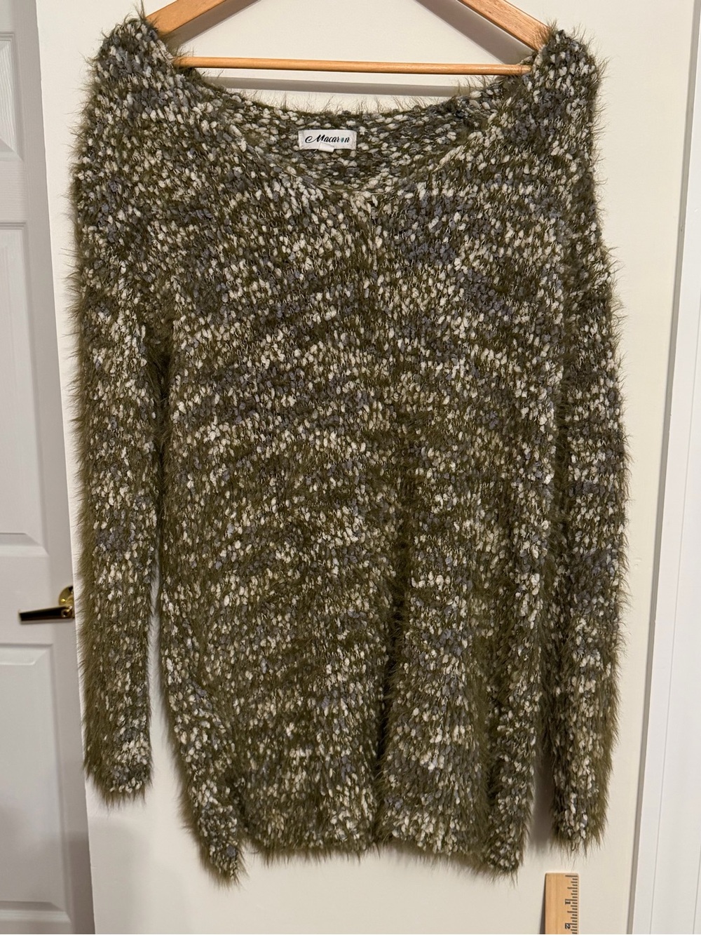 MACARON Olive Marled Fuzzy Crewneck Sweater